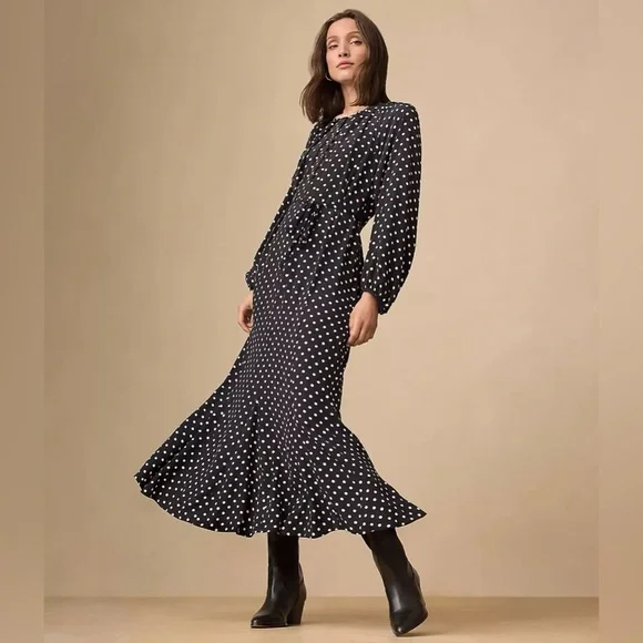 LOFT | Dresses | Loft Petite Dotted Button Godet Midi Dress In Black Polka  Dot Dress Size 2p | Poshmark